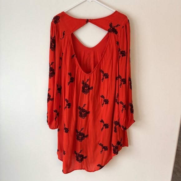 Free People Austin Emma Mini Dress Orange Floral Embroidered Long Sleeve Boho - Picture 10 of 13